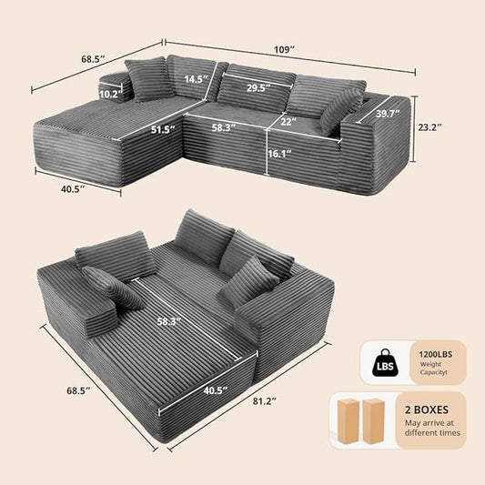 COMHOMA 105”Modular Sectional Sofa with Deep Seat,Cloud Upholstered L-Shape Couch Wide Arms Corduroy Fabric High-Density Foam Chaise Lounge for Living Room No Assembly Required