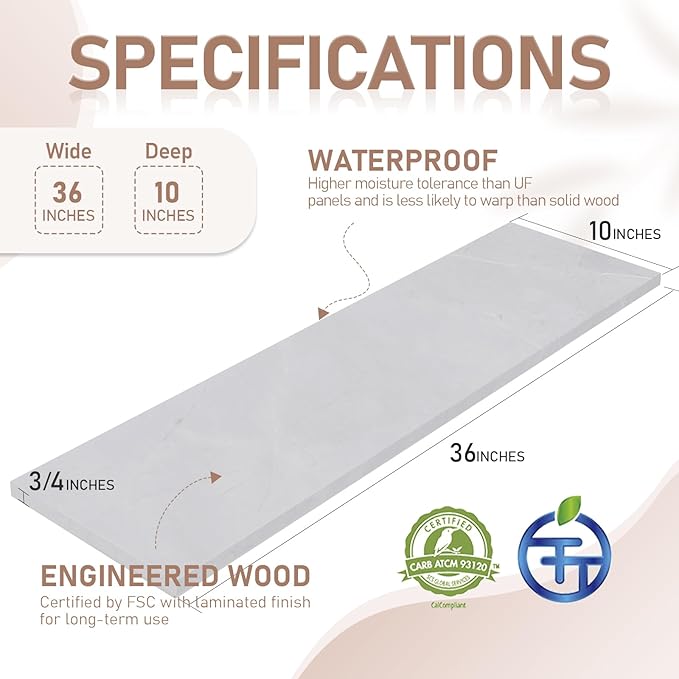 Kaboon 36 inch Long 10 inch Deep Floating Shelves for Wall Set of 2, Large Open Shelves Wall Mounted, Space Saving Home and Commercial Use, White Rock