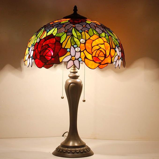 WERFACTORY Tiffany Table Lamp Stained Glass Bedside Lamp Red Rose 16X16X24 Inches Desk Reading Light Resin Base Decor Bedroom Living Room Home Office S001 Series