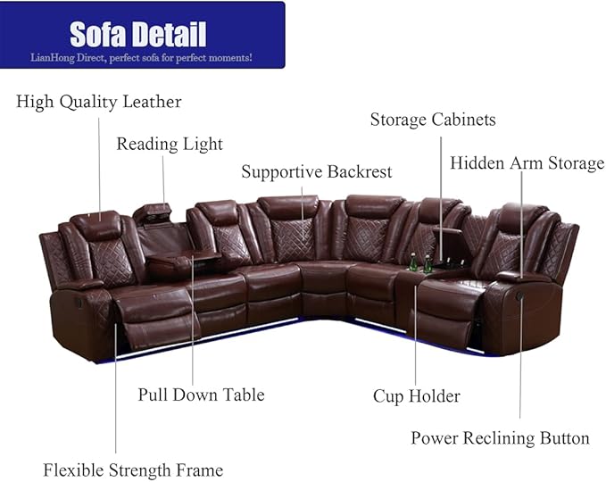 Leather Power Reclining Sectional Sofa Sets, Brown Recliner Sectional Sofa and 2 Chairs, Power Recliner Couch Living Room Furniture Set, L-Shaped Breathing Leather Couch with LED for Office