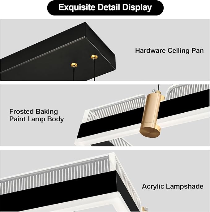 Modern LED Chandelier with Remote Control 2 Ring Dimmable 3 Color Black Gold Adjustable Pendant Light Square Chandelier Dining Light Fixture for Kitchen Bedroom Ceiling Hanging