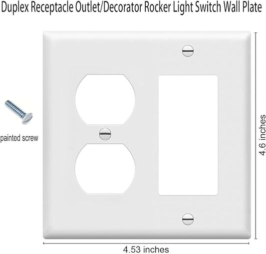 Duplex Outlet/Decorator Rocker Light Switch Wall Plates 2-Gang Switch Outlet Electrical Cover Plate Unbreakable Thermoplastic Faceplate for Light Receptacle Outlet Switch, White (10 Pack)