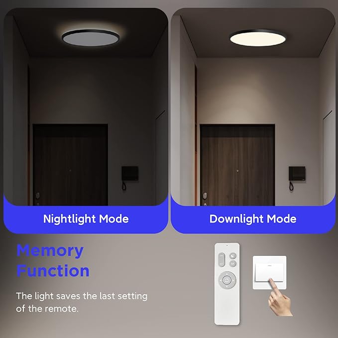 ocioc 18inch Ceiling Light with Remote Control, 40W LED Flush Mount Light Fixture with 2000K Backlight, 3000K-6500K Light Changing, Brightness Adjustable Close to Ceiling Lights Fixture Black