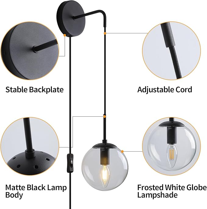 Wall Sconces Set of Two Black Plug in Wall Sconces Set of 2 with Globe Clear Glass Shade Wall Lights Wall Lamps for Bedrooms Sconces Wall Decor Set of 2 with Plug in Cord Switch for Bedside