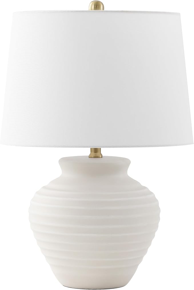 SAFAVIEH Lighting Collection – Ledger Rustic Farmhouse Bone Ceramic Table Lamp with White Drum Shade, 23-Inch Bedroom or Living Room Lamp, LED Bulb Included (TBL4352B)
