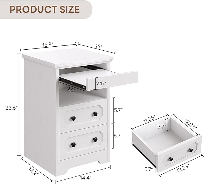 LIKIMIO Nightstand Set of 2, Night Stand with Pull Out Tray, Wooden Bedside Table with 2 Drawers and Open Shelf, Side Table for Bedroom, White