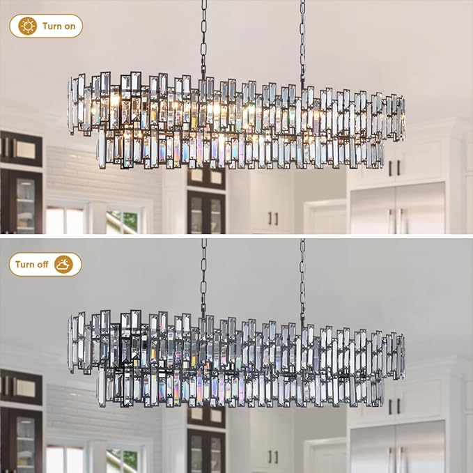 Black Contemporary Chandelier Foyer Entryway Lighting, 2-Tier Large Foyer Entrance Chandeliers for Living Room Kitchen Island High Ceiling Big Crystal Chandelier(Length 55.1 inch 21 Lights)
