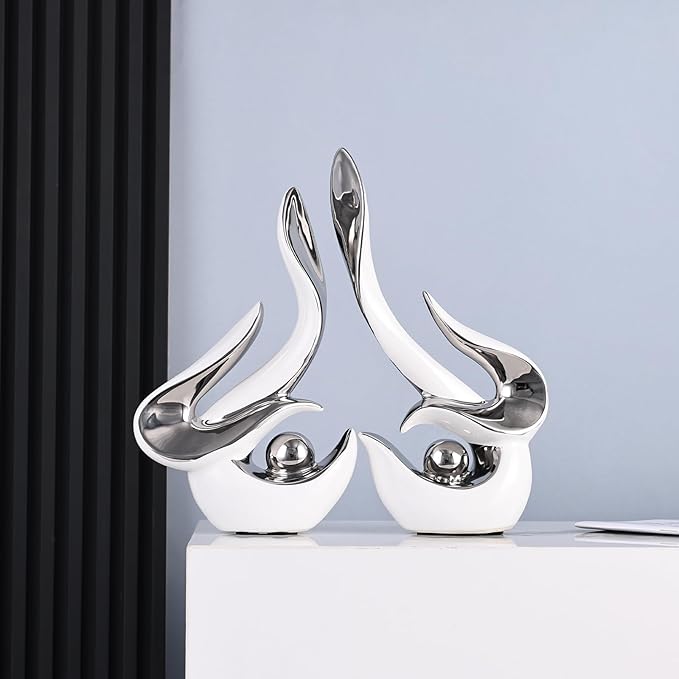 2PCS Abstract Ceramic Sculptures for Modern Decor, Sculptures Home Decor Accent,Abstract Art Figurines for Living Room Decorative Objects,Tabletop Centerpiece for Entryway,Shelf,TV Stand(White Silver)
