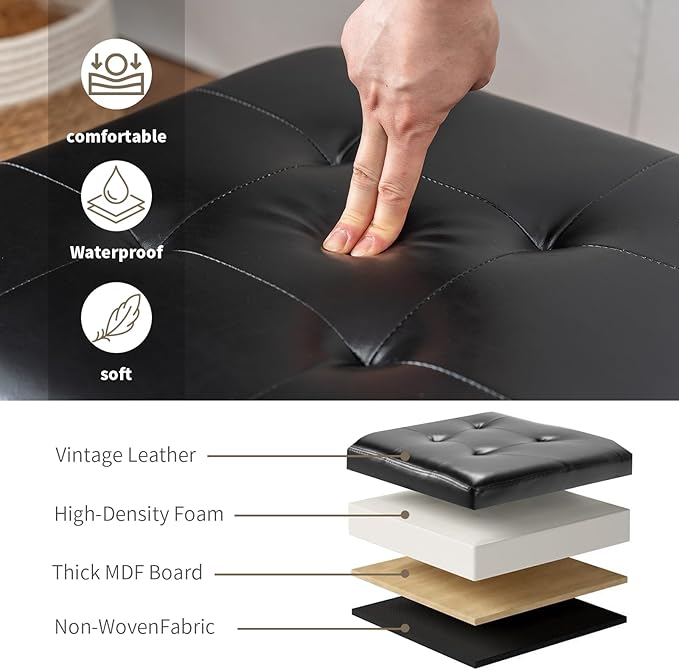 Adeco 17.7" Square Faux Leather Storage Ottoman, Tufted Footrest Stool with Hinged Lid & Wood Legs, Small Entryway Bench & Extra Seat for Living Room, Bedroom, Black