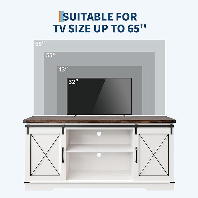 GarveeHome Farmhouse TV Stand for TV up to 65 in and Entertainment Center with Sliding Barn Doors, Tv Media Console Table with Storage Cabinet for Living Room, Bedroom, White & Brown