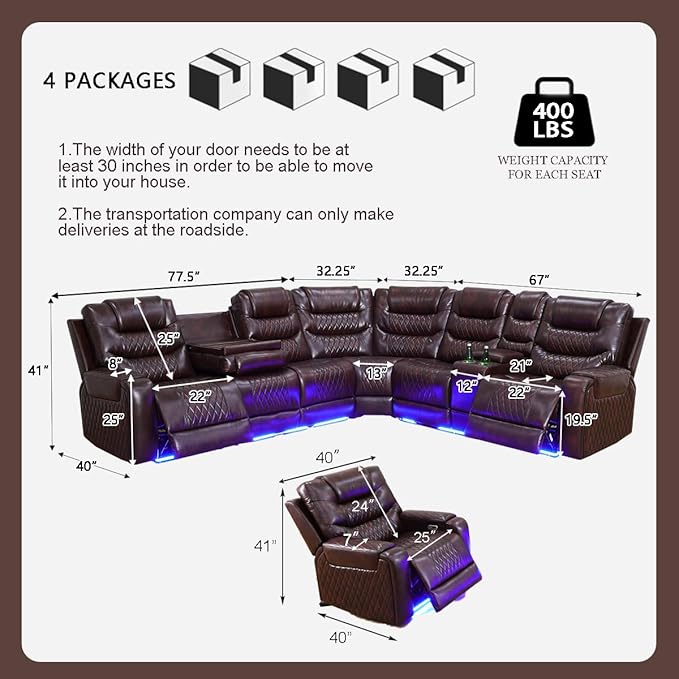 Power Reclining Sectional Sofa Set with LED Light, Leather Sectional Couches, Living Room Furniture Sets, Modern Power Recliner Sofa Sets with 3 Recliner Seater, Couches for Living Room