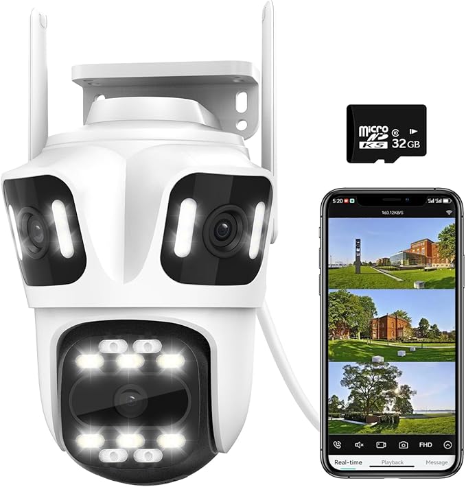 3 in 1 Outdoor Indoor Camera, 3MP Wired Pan/Tilt Security Wi-Fi Camera, Free AI Detection, Motion Tracking, 360° View, Color Night Vision, 2 Way Audio, 32GB Local Storage, No Subscription