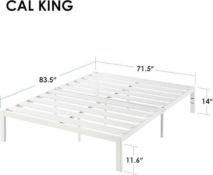 Mellow Rocky Base E 14" Platform Bed Heavy Duty Steel White, w/ Patented Wide Slats (No Box Spring Needed)- Cal King