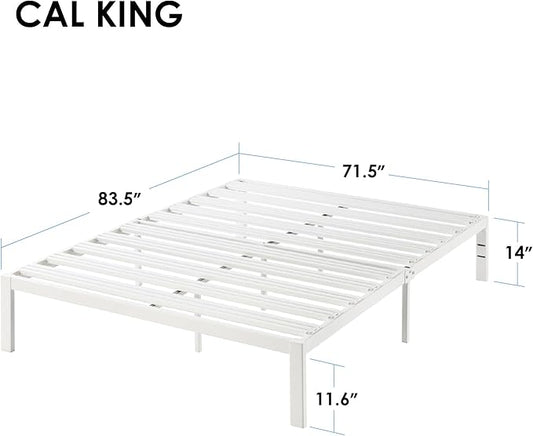 Mellow Rocky Base E 14" Platform Bed Heavy Duty Steel White, w/ Patented Wide Slats (No Box Spring Needed)- Cal King