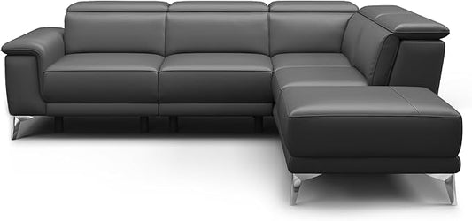 Valencia Pista Geniune Leather Reclining Sectional Sofa with Right Hand Chaise -| Power Recliner Chair, Nappa 11000 Leather | L Shaped Couch for Living Room Furniture, Cloudy Grey