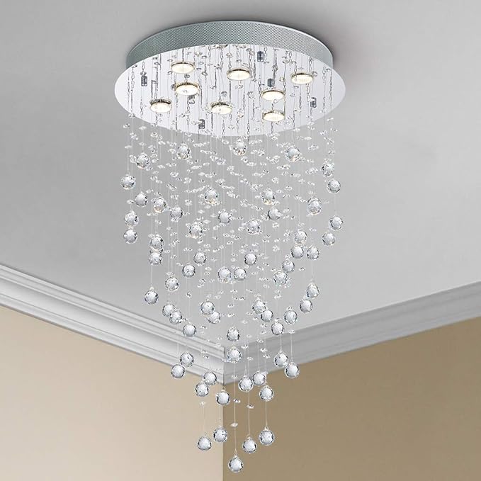 Bestier Modern Crystal Round Raindrop Chandelier Lighting Flush Mount LED Ceiling Light Fixture Pendant Lamp for Dining Room Bathroom Bedroom Livingroom 8 GU10 Bulbs Required 20 in Wide 34 inch High