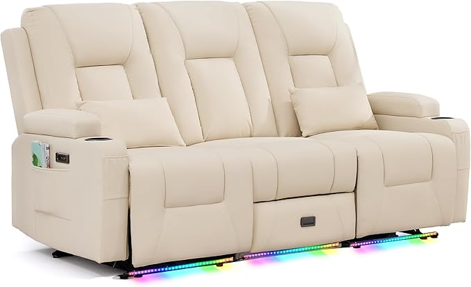 URRED Power Loveseat Recliner Sofa with Console, Wall Hugger Reclining Loveseat RV Couch with LED Light, 150° Zero Gravity Recliners Modular Couches for Living Room (Beige, 77.3'' - 3 Seats)