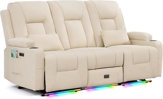 URRED Power Loveseat Recliner Sofa with Console, Wall Hugger Reclining Loveseat RV Couch with LED Light, 150° Zero Gravity Recliners Modular Couches for Living Room (Beige, 77.3'' - 3 Seats)