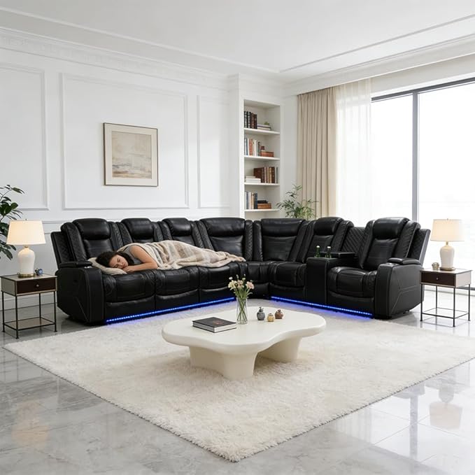 Power Reclining Sofa Set with LED Light, Living Room Furiture Set,Leather Reclining Sectional Couch with USB Port/Cup Holder for Living Room Home Office