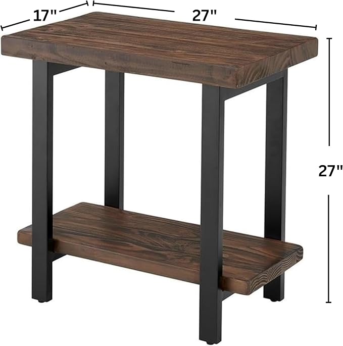 Alaterre Furniture Pomona Living Room Collection – 2-Tier Solid Wood End Table with Natural Finish and Metal Legs – Modern Farmhouse Accent or Home Décor (Rustic Brown)