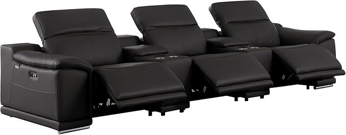 BlackJack Furniture Venice Top Grain Italian Leather Power Recline 8 Piece 5 Seater Sofa - 134" Theater Seating Modern Couch for Living Room Apartment with Adjustable Headrests & USB Port, Black