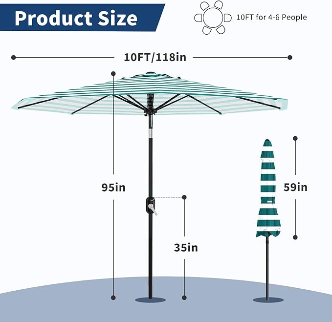 Garvee 10FT Patio Umbrella - Outdoor Table Umbrella with Crank Lift & Push Button Tilt - Market Umbrella 8 Sturdy Ribs UV Protection for Pool, Deck, Yard, Garden