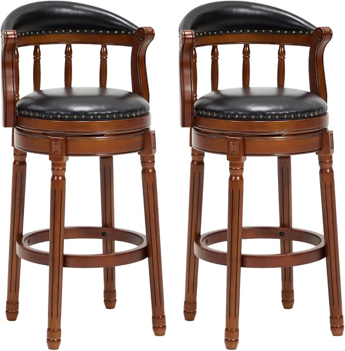 Cow top Leather Wooden Bar Stools, 29.5" Height Bar Chair with Back, 180 Degrees Swivel Bar Stools Chair for Home Kitchen Counter,Restaurant (Black-2pcs, Bar Seat Height 29.5in)