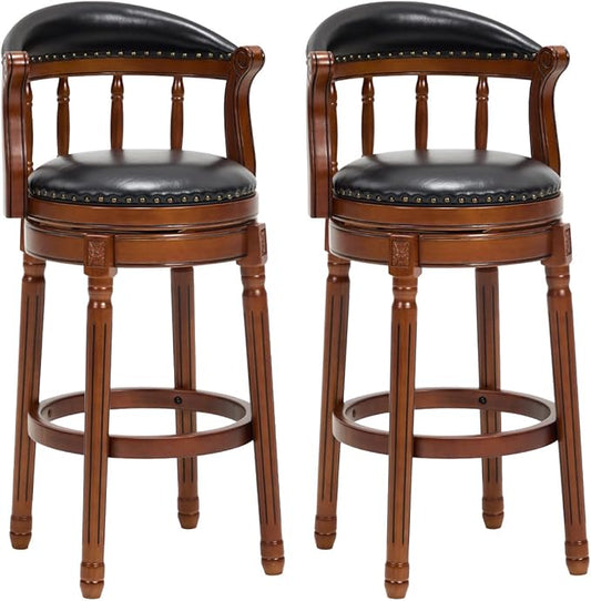 Cow top Leather Wooden Bar Stools, 29.5" Height Bar Chair with Back, 180 Degrees Swivel Bar Stools Chair for Home Kitchen Counter,Restaurant (Black-2pcs, Bar Seat Height 29.5in)