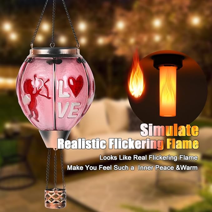 Hot Air Balloon Solar Lantern - Valentine's Day Glass Lantern, Simulated Flickering Dancing Flame, Outdoor Hanging Sunflower Yard Light Waterproof IP65 for Valentines Gift