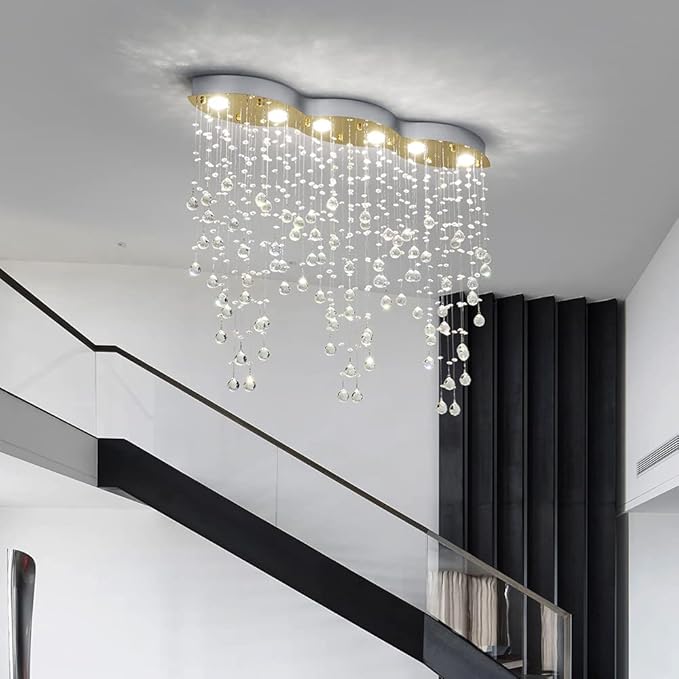 Saint Mossi 6 Light Modern Chandelier Crystal Chandelier Light Fixture,Modern Flush Mount Ceiling Light Fixtures Raindrop Chandelier Gold and Chrome Frame Chandlier Lamp,L39 x W8 x H31