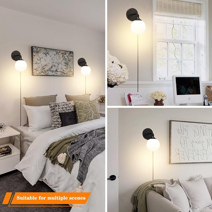 Black Plug in Wall Sconces Set of 2, Wall Light with Plug in Cord On/Off Switch, Mid Century Art Deco Plug Sconce with Milky White Globe Glass Lampshade Wall Lamp for Bedroom Living Room Hallway