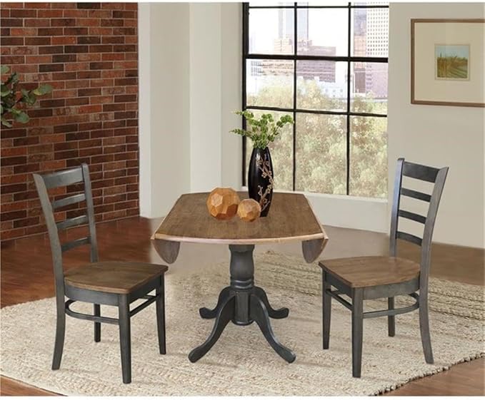IC INTERNATIONAL CONCEPTS 42" Wood Drop Leaf Table with 2 Side Chairs in Hickory/Washed Coal - 3 Piece Set