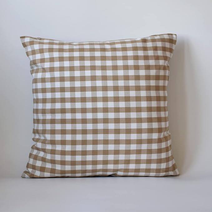 HOPLEE Farmhouse Pillow Cover Cushion Cover with Buffalo Plaid, Solid Beige, Striped and Gingham Plaid Design 16x16 Inches,4 Pack