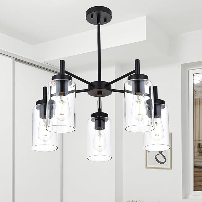 5-Light Contemporary Black Chandelier, Modern Industrial Dining Room Light Fixtures Over Table, Ceiling Hanging Kitchen Island Pendant Lighting Fixtures w/Clear Glass Shade for Entryway Foyer