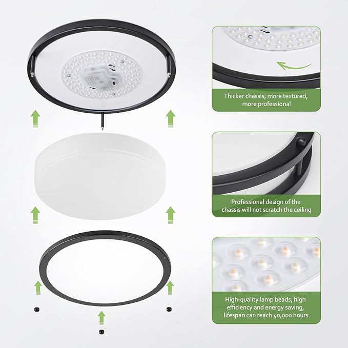 Flush Mount Ceiling Light - 2 Pack 36W 3000K/3500K/4000K/5000K/6000K Dimmable Led Ceiling Light Fixture for Kitchen Hallway Bedroom Bathroom (2, Black, 12 Inch)
