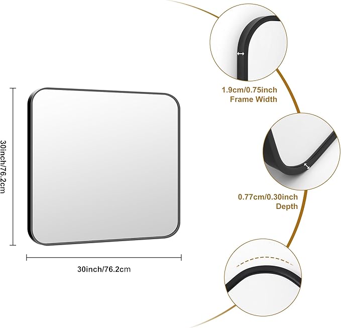 KOCUUY Bathroom Mirror 30"x30", Black Square Mirrors for Over Sink, Modern Vanity Mirror with Rounded Corner Metal Frame, Shatterproof Designed Wall Mirror for Bedroom, Living Room, Entryway