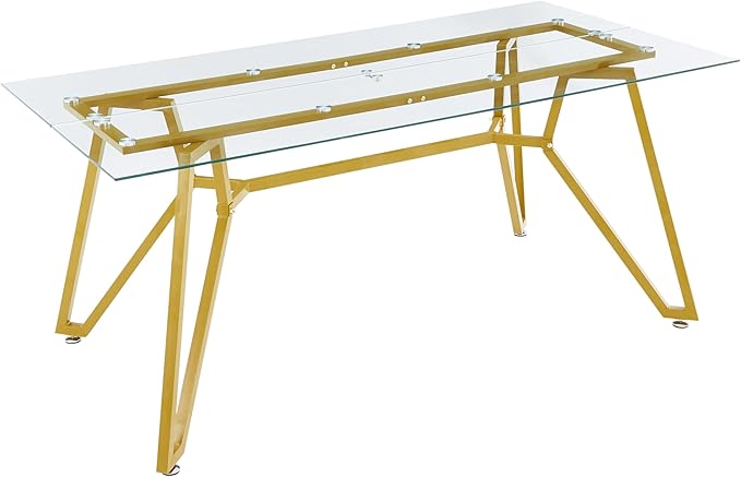 KEIKI 70.9 in Rectangular Glass Dining Table, Suitable for 1-8 People, Modern Style Home Kitchen Dining Table, Equipped with Sturdy Metal Table Legs for Dining Room, Living Rooms, Offices, Gold