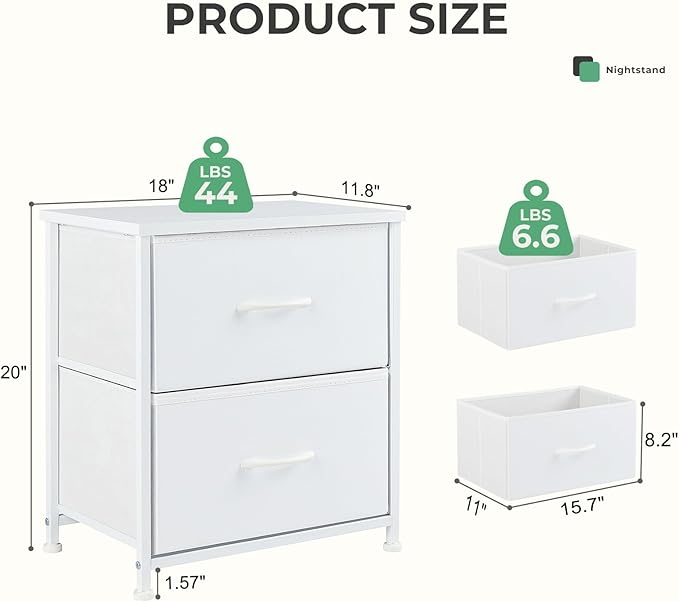 NEWBULIG Nightstand with 2 Fabric Drawers, 25 Inch Tall Small Dresser, Bedside Table with Storage for Bedroom, Closet, Entryway, Dorm, 2 Pack with Sturdy Frame and Compact Design, White02