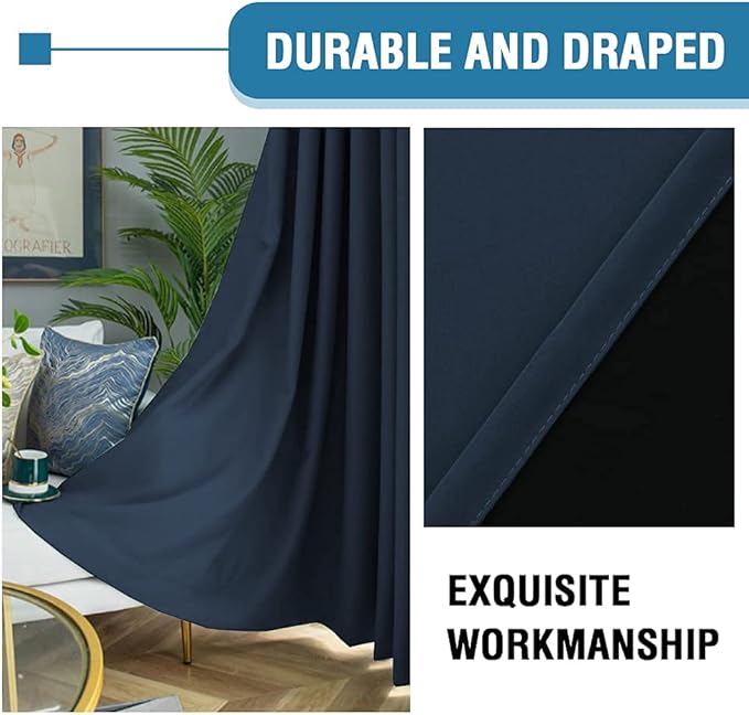 H.VERSAILTEX 100% Blackout Curtains for Bedroom Thermal Insulated Blackout Curtains 108 inch Length Heat and Full Light Blocking Curtains for Living Room with Black Liner 2 Panels Set, Navy