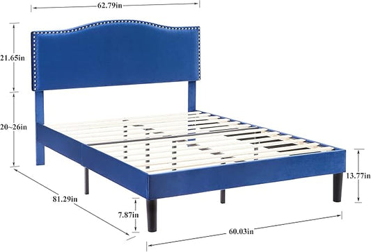 VECELO Queen Bed Frame, Platform Bed Frame with Adjustable Height Upholstered Headboard, Heavy-Duty Frames and Strong Wooden Slats Support, Non-Slip and Noise-Free, Easy Assembly, Dark Blue