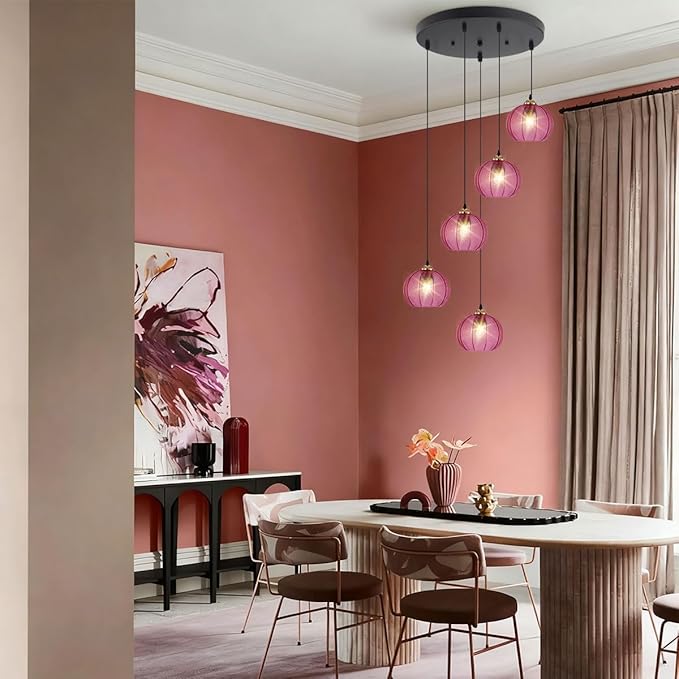 High Ceiling Long Pendant Light Fixtures Modern Stairwell Chandelier Glass Cluster Ceiling Hanging Light with Purple Globe Shade for Spiral Stairwell Entryway Foyer Living Room, Adjustable