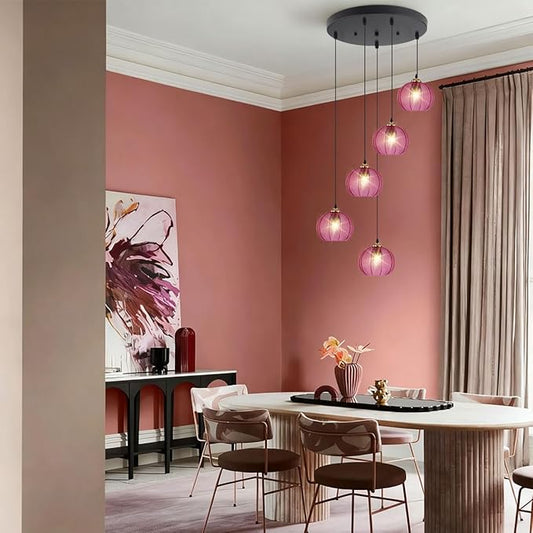 High Ceiling Long Pendant Light Fixtures Modern Stairwell Chandelier Glass Cluster Ceiling Hanging Light with Purple Globe Shade for Spiral Stairwell Entryway Foyer Living Room, Adjustable