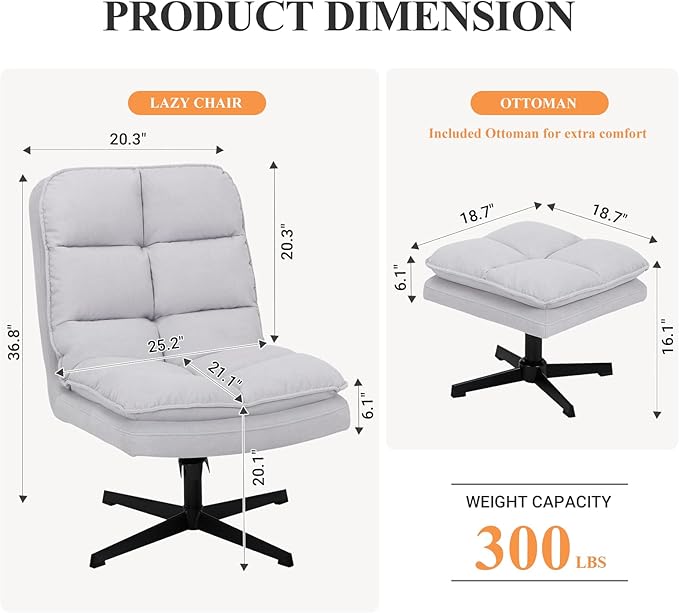 Swivel Accent Reading Chair with Ottoman, Modern Velvet Upholstered Lounge Chair with 360° Swivel and Criss-Cross Legs, Comfy Reading Chair for Bedroom, Living Room,Supports 300 lbs,LightGray 2pc