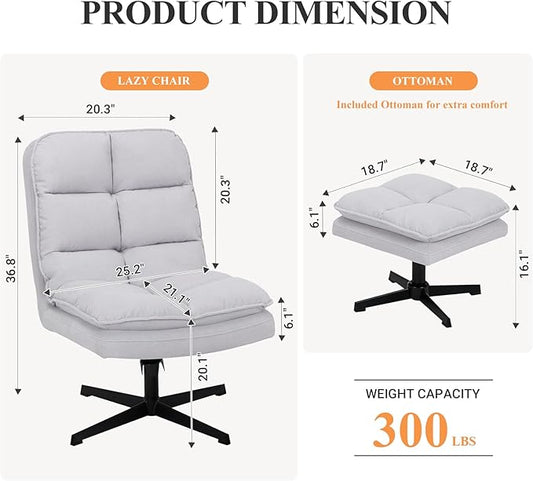 Swivel Accent Reading Chair with Ottoman, Modern Velvet Upholstered Lounge Chair with 360° Swivel and Criss-Cross Legs, Comfy Reading Chair for Bedroom, Living Room,Supports 300 lbs,LightGray 2pc