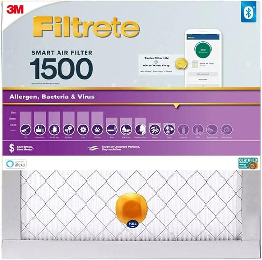 Filtrete 14x14x1 AC Furnace SMART Air Filter, MERV 12, MPR 1500, Track Filter Life With Bluetooth Enabled Sensor, CERTIFIED asthma & allergy friendly, 2-Pack (Actual Size 13.84x13.84x1.1 in)