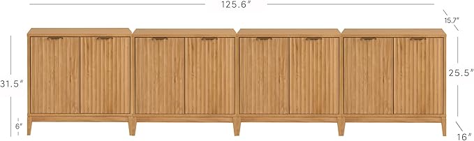 Nathan James Jasper Wood Modern Sideboard Accent Storage Cabinet TV Stand with Fluted Doors, for Kitchen or Living Room, Warm Pine, Set of 4