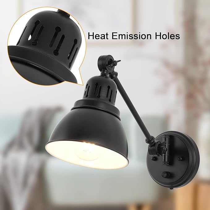Plug in Wall Sconces, Wall Sconce Lighting with Dimmable On Off Switch, Swing Arm Wall Lamp, Black Metal Industrial Wall Light Fixtures, Safety E26 Base, 6FT Plug in Cord