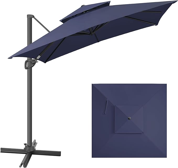 FLAME&SHADE 8.2 X 8.2 FT Cantilever Patio Umbrella - Large Offset Umbrella Outdoor Patio with 360-Degree Rotation and 3-Year Fade Resistance Fabric for Deck Pool Backyard Garden, Dark Blue