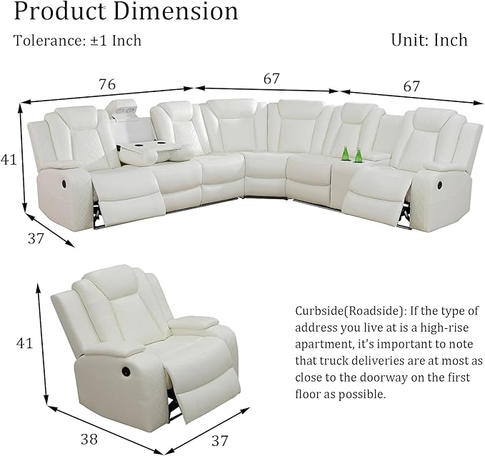 Power Reclinier Sectional Sofa Set,White Leather Reclining Sectional Modular Sofa Set with Chair,L Shaped Leather Couch with LED Light for Living Room/House/Apartment/Lounge(L+Chair)