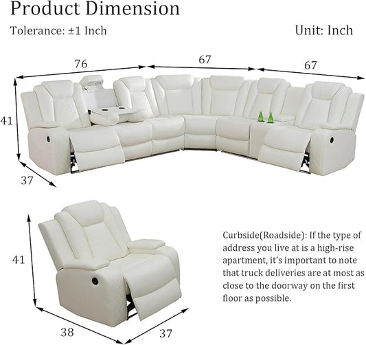 Power Reclinier Sectional Sofa Set,White Leather Reclining Sectional Modular Sofa Set with Chair,L Shaped Leather Couch with LED Light for Living Room/House/Apartment/Lounge(L+Chair)
